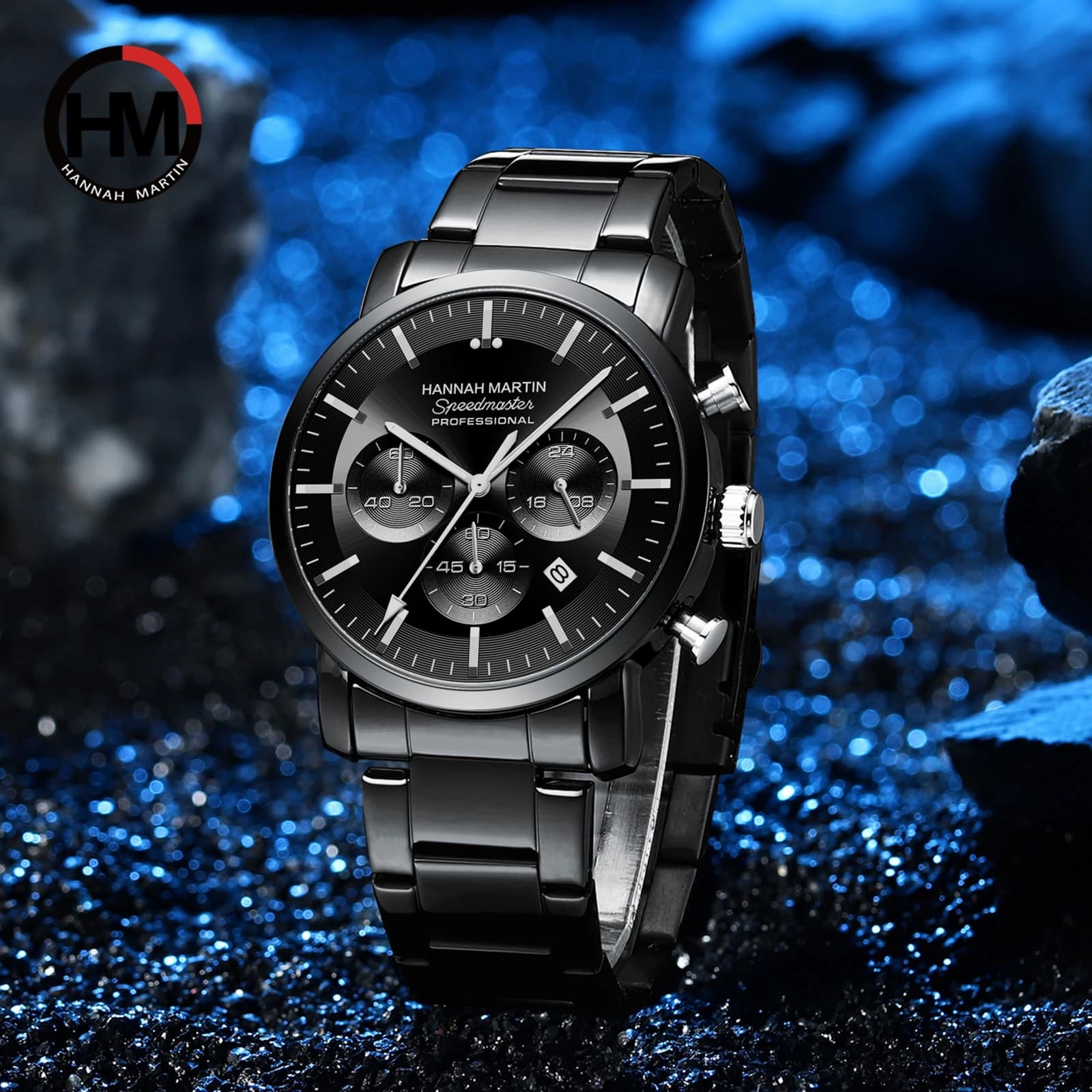 Hannah Martin Multifunctional Quartz Watch Men Classic Top Brand Blue Unique Steel Japan movement Leisure Timing Watch AAA Clock