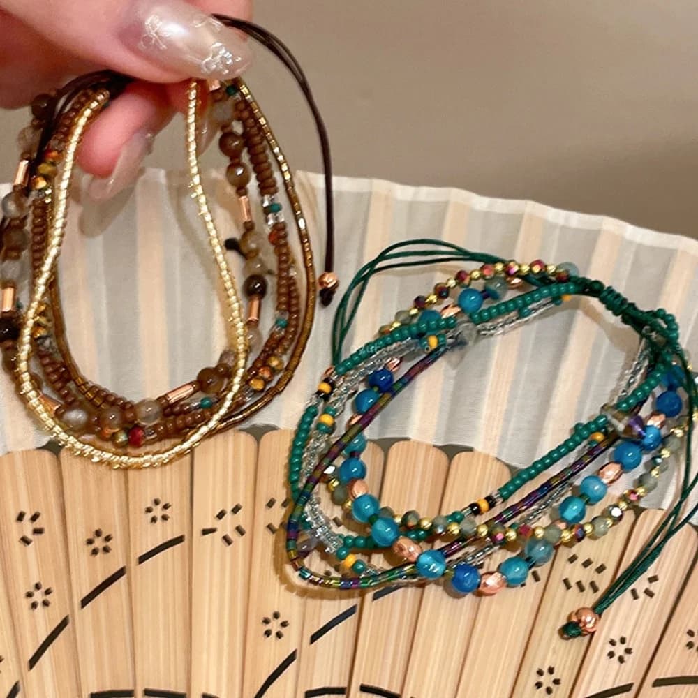 Nuovo Bracciale Bohemien Colorato con Perline, Braccialetti Elastici Blu con Perline, Bracciali a Strati Regolabili, Gioielli a Catena da Mano con Charm