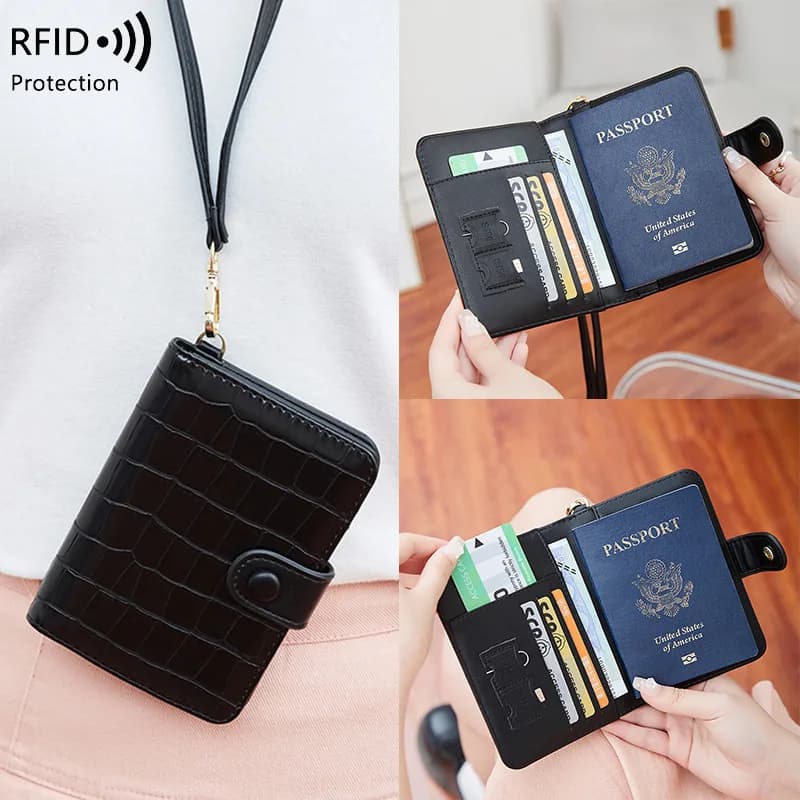 Portafoglio da donna in pelle PU con blocco RFID modello coccodrillo Borsa per passaporto con tracolla lunga staccabile multifunzione per donna