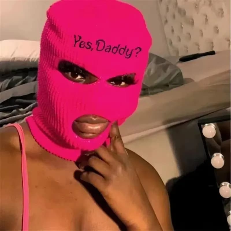 Balaclava Full Face Mask Embroidery Winter Hat for Woman Ski Mask Yes Daddy Warm Knit Full Caps Outdoor Sports Beanies