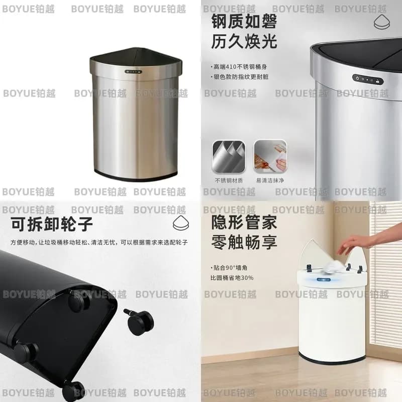 Smart Sensor Trash Can Stainless Steel Automatic Waste Bin with Wheels Corner Design Hands Free Garbage Container for Home