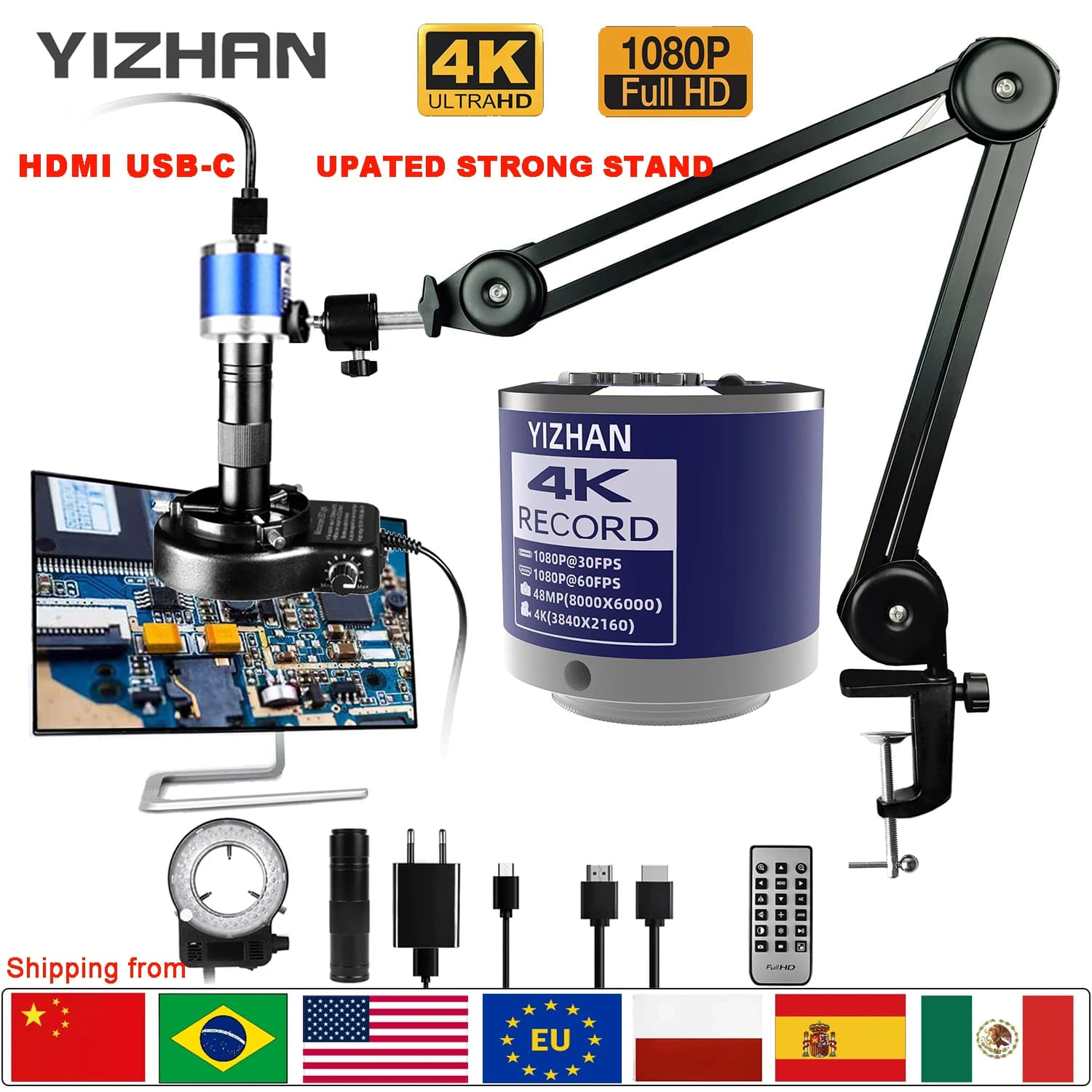 Yizhan Full HD Mircoscopio digitale 4K 2K HDMI USB VGA Mircoscopio C-Mount Fotocamera digitale Zoom 1-150X per l'acquisizione di immagini di riparazione