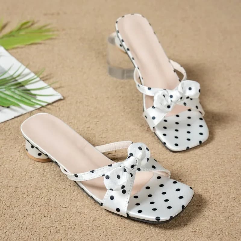 Women's Sandals Stylish Polka Dot Satin Slides for Women Bow Low Heel 2cm Square Toe Shoes Office Comfort Wear Sapatos Femininos