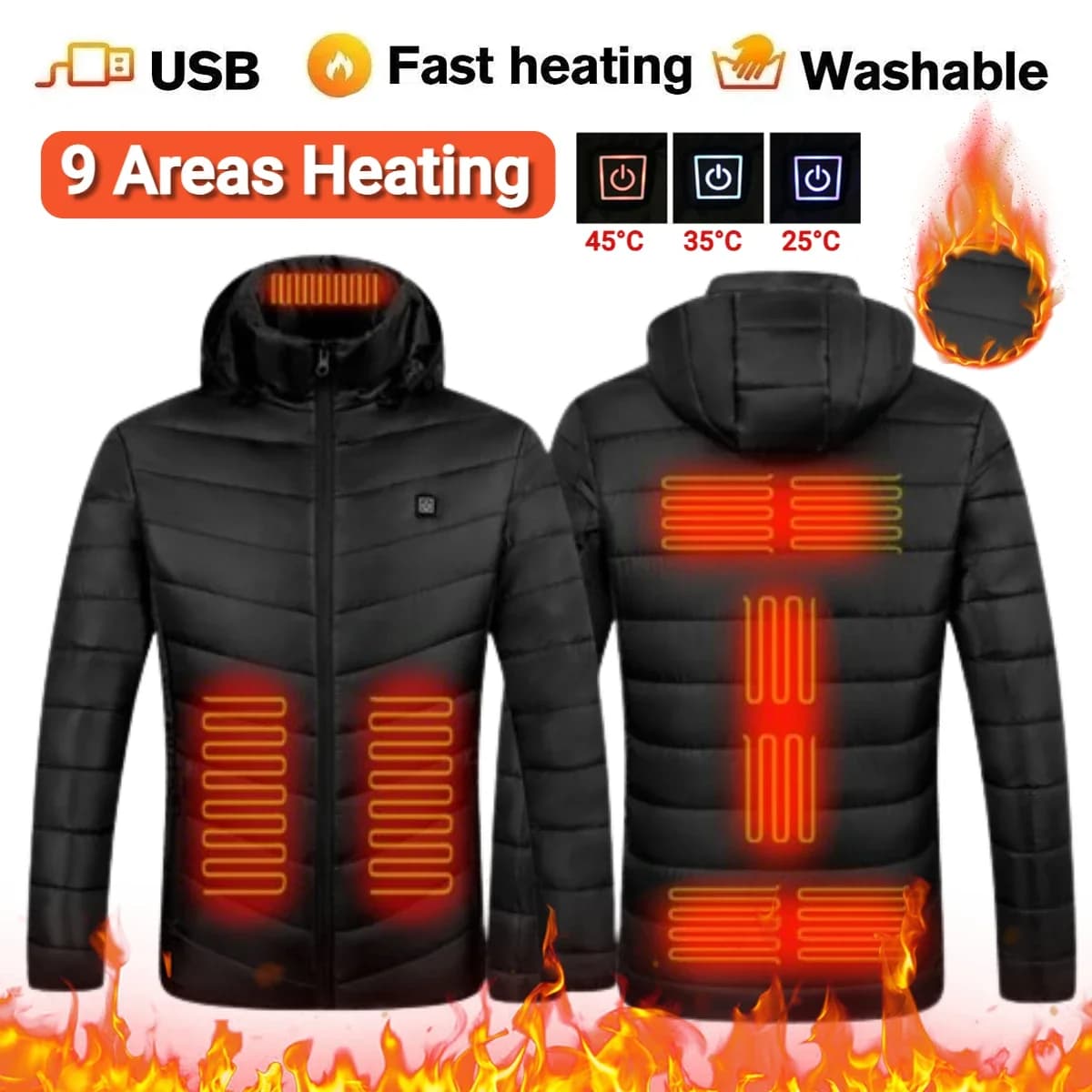 Giacca riscaldata a 9 aree Cappotti termici impermeabili con cappuccio Giacca riscaldante elettrica Scaldamuscoli invernale per esterni Gilet riscaldato USB per uomo