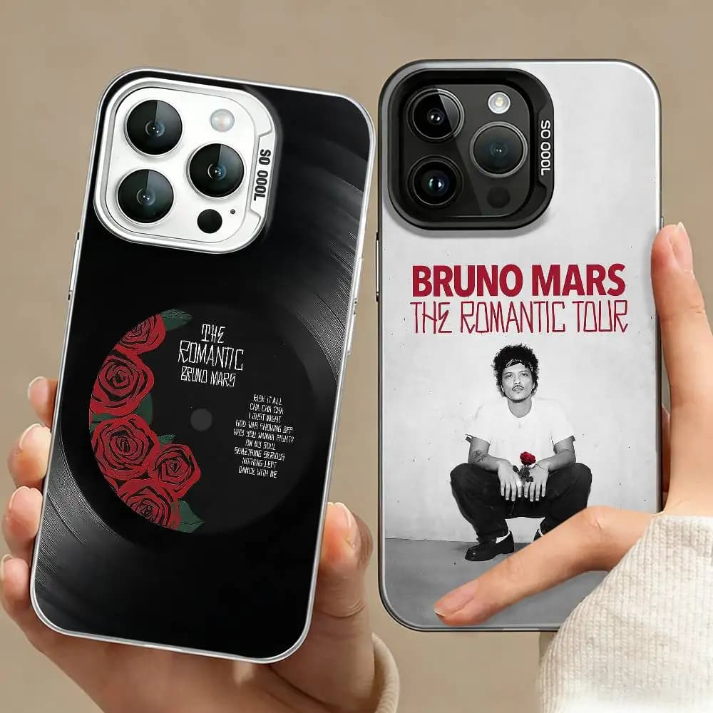 Cover per telefono Bruno Mars The Romantic per iPhone 17, 16, 15, 14, 13, 12, 11 Plus, Pro Max, XS, color argento