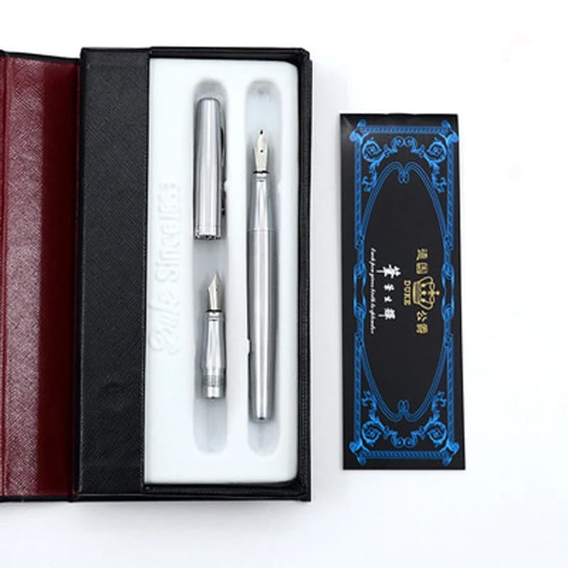 Duke 209 Stainless Steel Calligraphy & Fountain Pen Set Two Nibs Ideal For Writing And Painting Pure Silver Color Gift Set