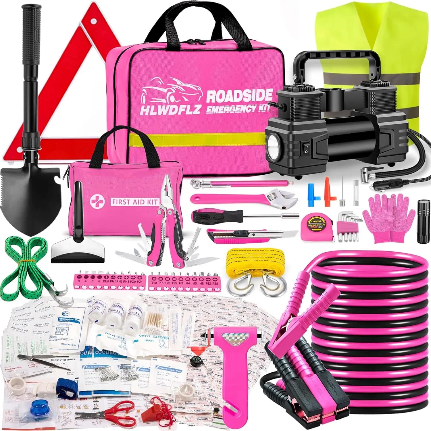 Kit di emergenza per auto portatile con compressore d'aria, cavi jumper, strumenti di pronto soccorso e sicurezza invernale per tutti i conducenti