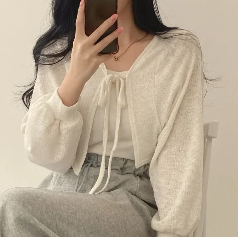 Sottile cardigan bianco fasciatura manica lanterna cappotto corto pull femme maglieria top ragazza cardigan maglietta casual stile coreano