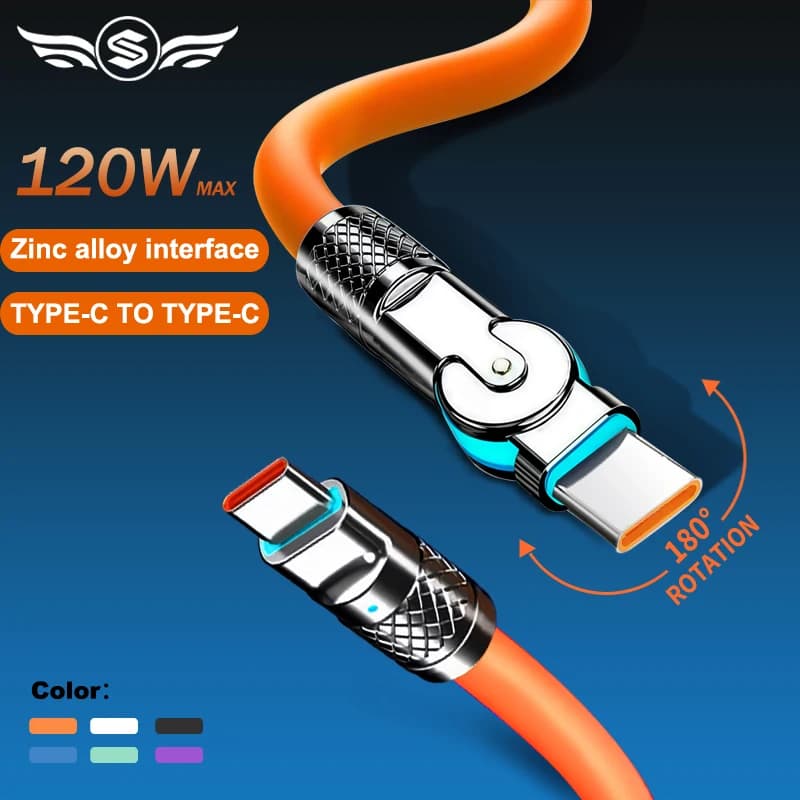 120w 6a Ricarica Super Veloce Tipo C Silicone 180 ° Cavo dati TYPE-C a gomito rotante Cavo USB da 1M 2M Cavo caricabatterie da USB C a C