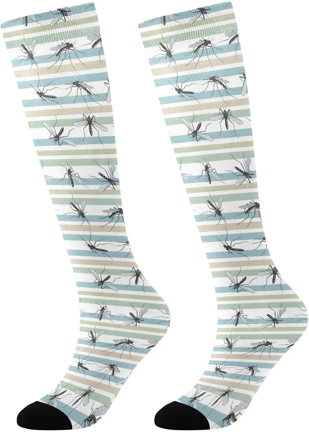 Mosquito Insect Print Pastel Color Striped Knee High Socks for Men Women Soft Stretchy Comfortable Novelty Casual Long Socks