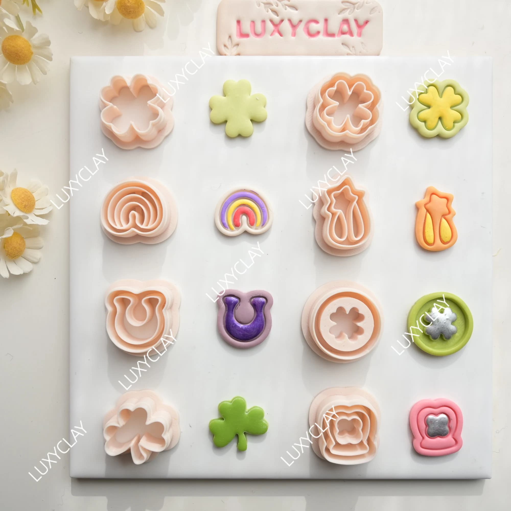 8pcs Lucky Charms Polymer Earrings Clay Molds, St. Patrick's Day Clover Shape Clay Cutters for DIY Pendants Jewelry Making
