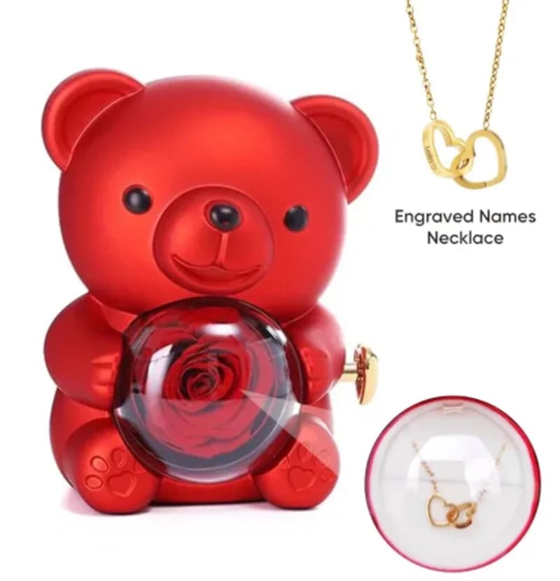 Portagioie Eternal Rose Teddy Bear con collana con nome personalizzato Regalo speciale per matrimonio di San Valentino per regalo di anniversario della fidanzata