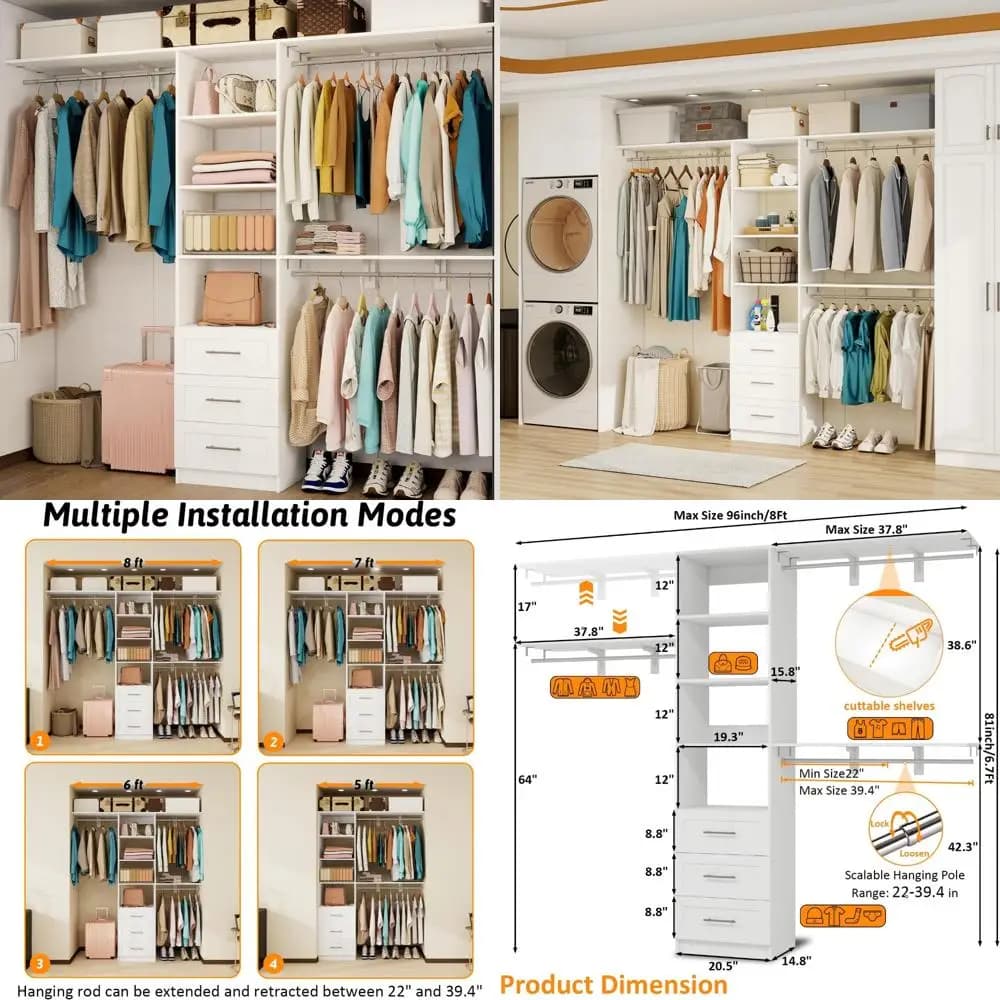 "Adjustable 5 to 8-foot wardrobe organizer with drawers, shelves and extendable suspended bars"