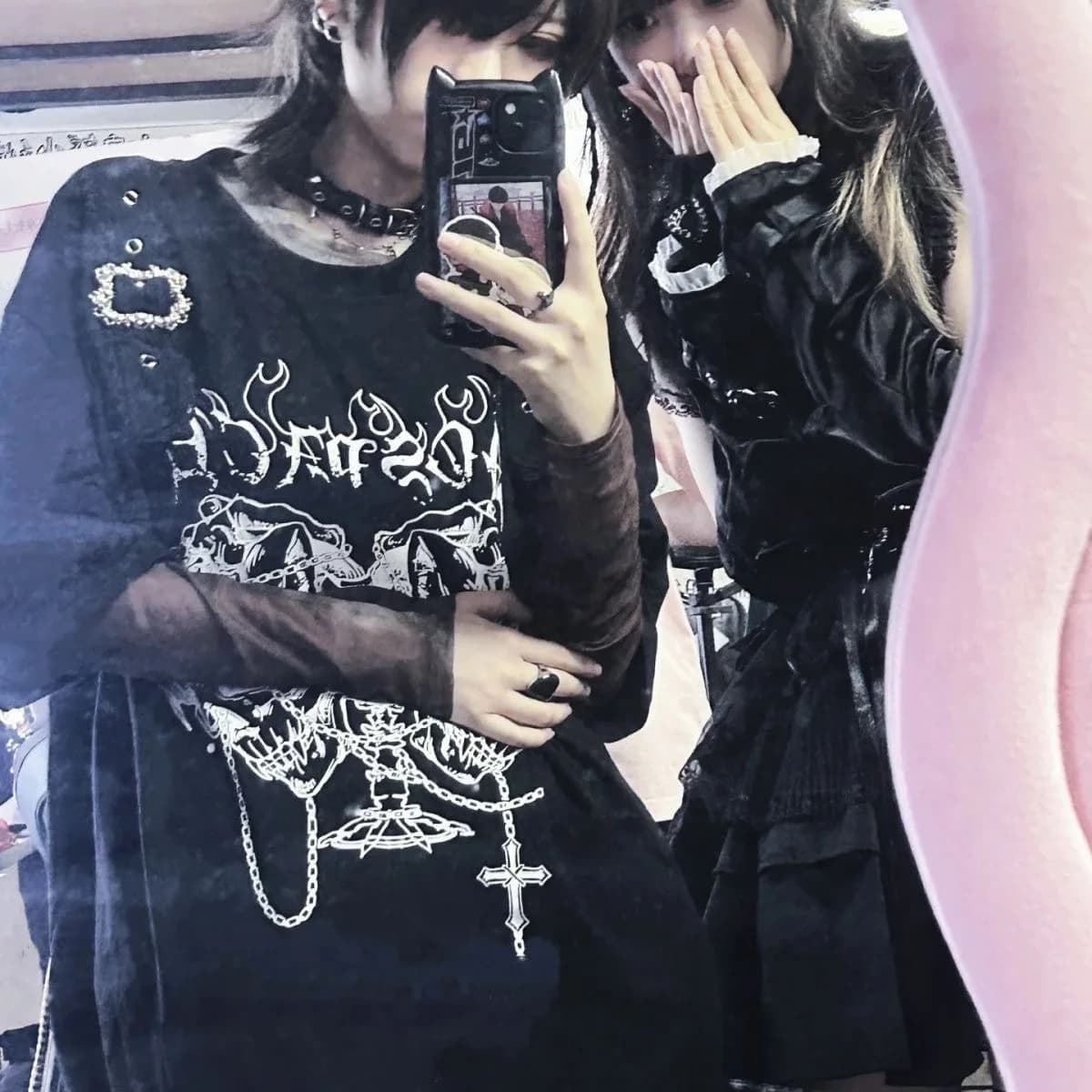 Kimotimo T-shirt nera a maniche corte stampata gotica scura Moda donna O-collo allentato Top Harajuku giapponese Casual Y2k Grunge Tees