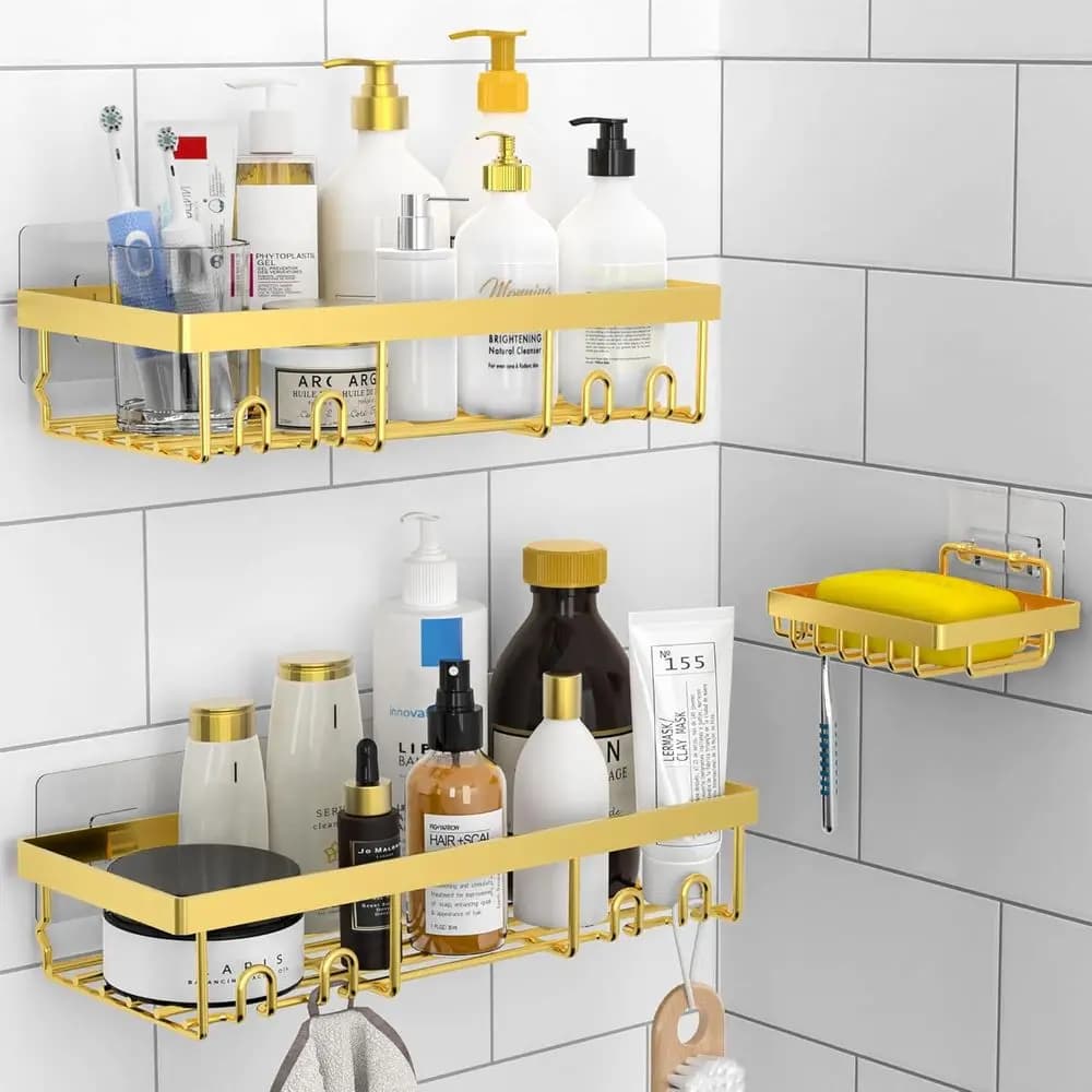 3-Tier Shower Caddy with Soap Holder, No-Drill Adhesive Wall Shelves, Rust-Resistant Bathroom Shower Organizer