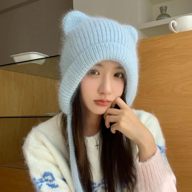 Cappello paraorecchie da donna inverno angora lavorato a maglia berretto design accessorio caldo per le vacanze di sci all'aperto autunnali in tempo freddo