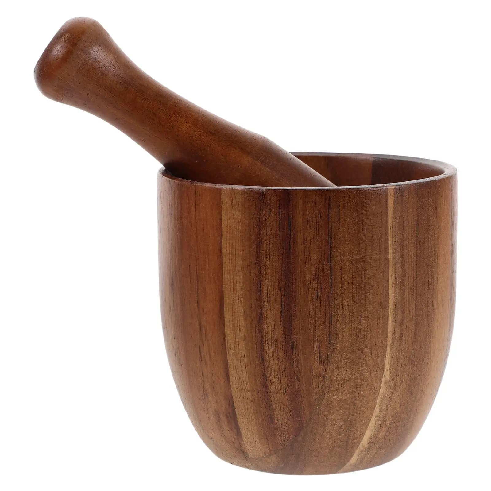 1Set Acacia Wood Mortar and Pestle Set Compact Garlic Grinder Bowl for Spices Ginger Medicine Crushing Kitchen Essentials Manual