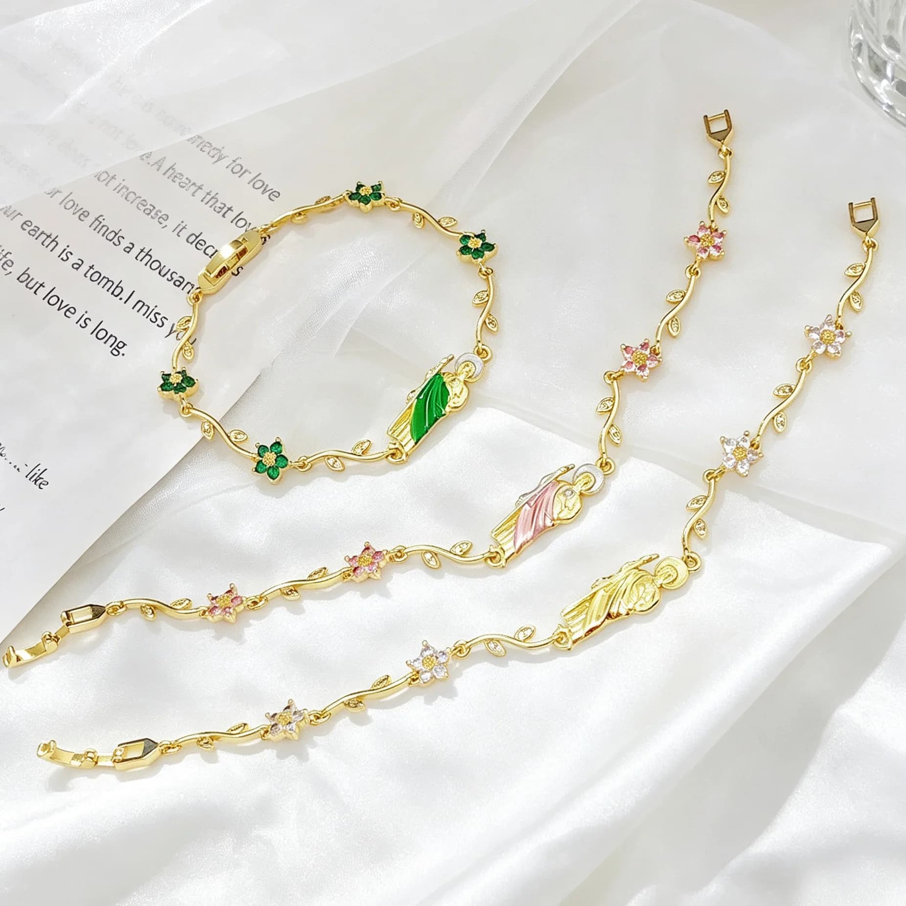 New Arrivals Pink Green Enamel Art St. Jude Rhinestone Flower Chain Bracelet Classic for Women Girl Party Religious Jewelry Gift