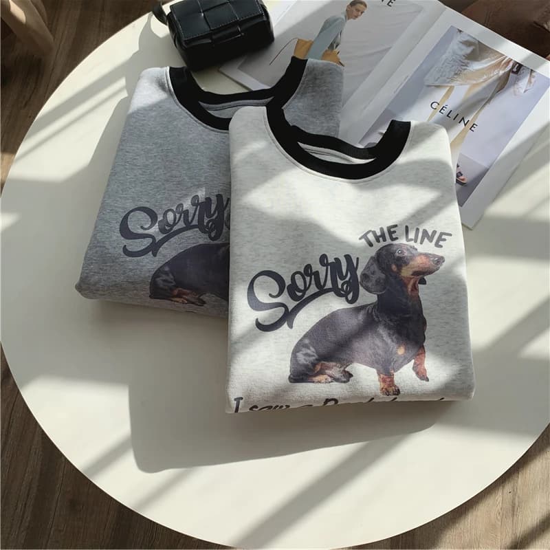 Korean Sle Casual Cartoon Sausage Dog Print round Ne Sweatirt Women's Loose Anti-aging Top Color Blo Cover up