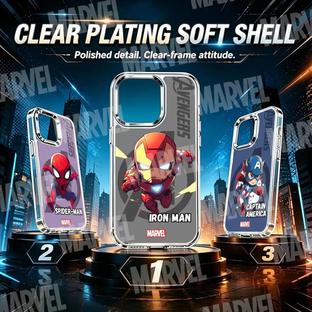 Cover per telefono Marvel The Avengers per iPhone 17 Air 16 15 14 13 12 11 Pro Max Plus con pulsante cromato e anello fotocamera trasparente