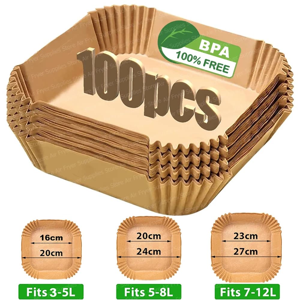 Carta da Forno Quadrata per Friggitrice ad Aria, Fogli di Carta Forno per Ninja/Cosori/Instant Pot 3-12L, Accessori da Cucina per Friggitrice ad Aria