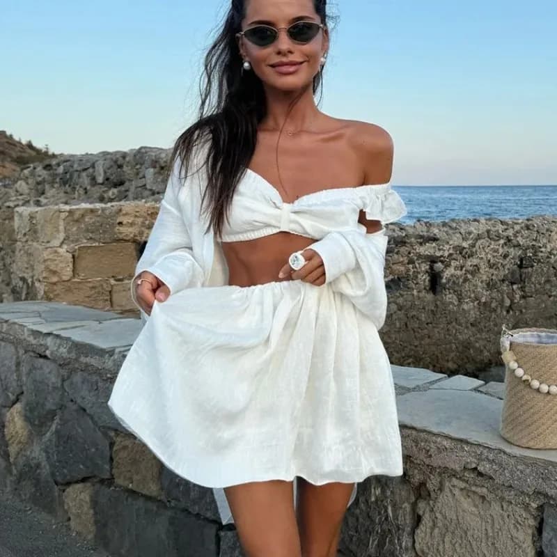Canotta Puffy Minigonna Set a due pezzi Donna Estate Sling Crop Top Set gonna corta Set abito casual da spiaggia femminile 2025