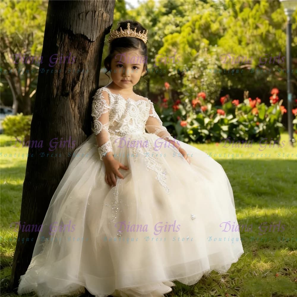Lussuoso Abito da Damigella in Tulle Effetto Champagne con Applicazioni Raffinate per Bambine, Ideale per Matrimoni, Feste di Compleanno e Serate di Gala