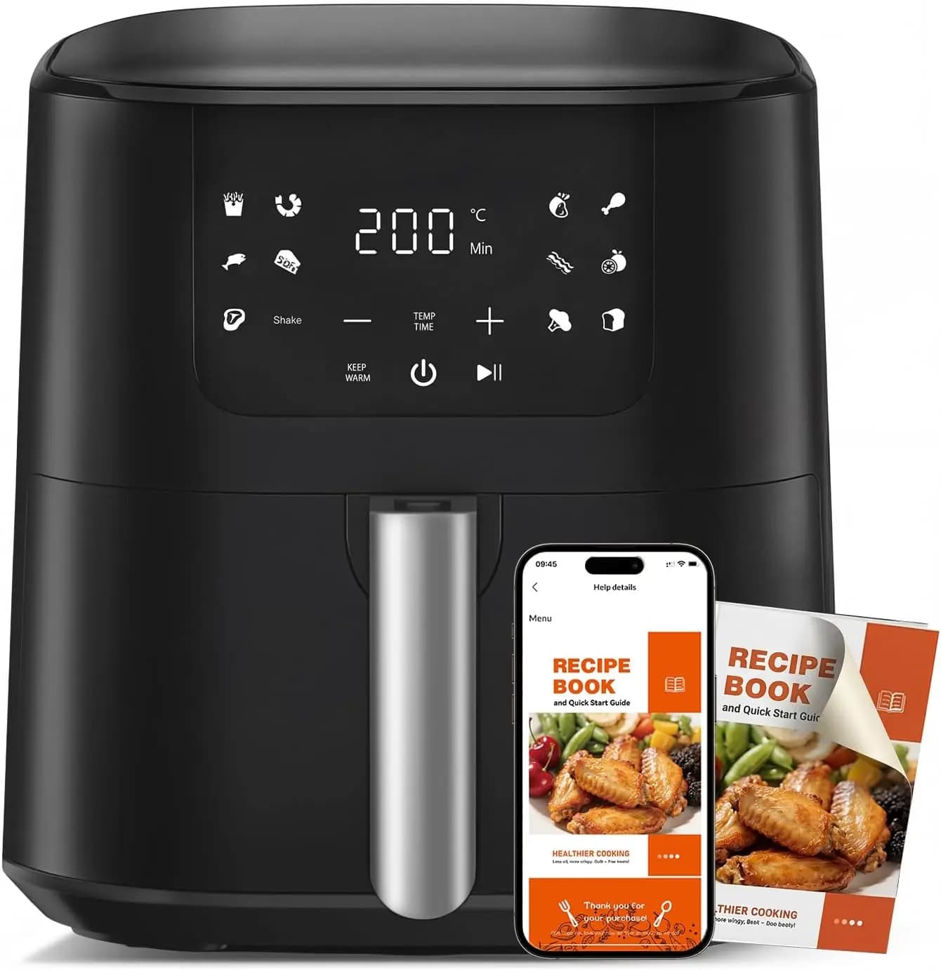 5.5 QT Air Fryer with 8-in-1 Functions, Max Temp 400°F, One-Touch Presets, Free Recipe App, Shake Reminder, Dishwasher-Safe Nons