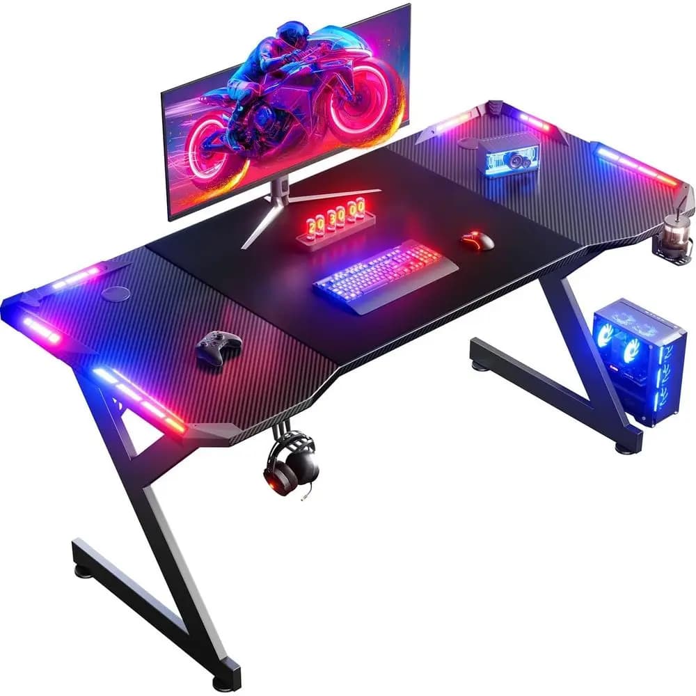 Grande scrivania da gioco ergonomica in fibra di carbonio con luci a LED, tavolo per computer da ufficio domestico, scrivania per giocatori con tappetino per mouse, portabicchieri e