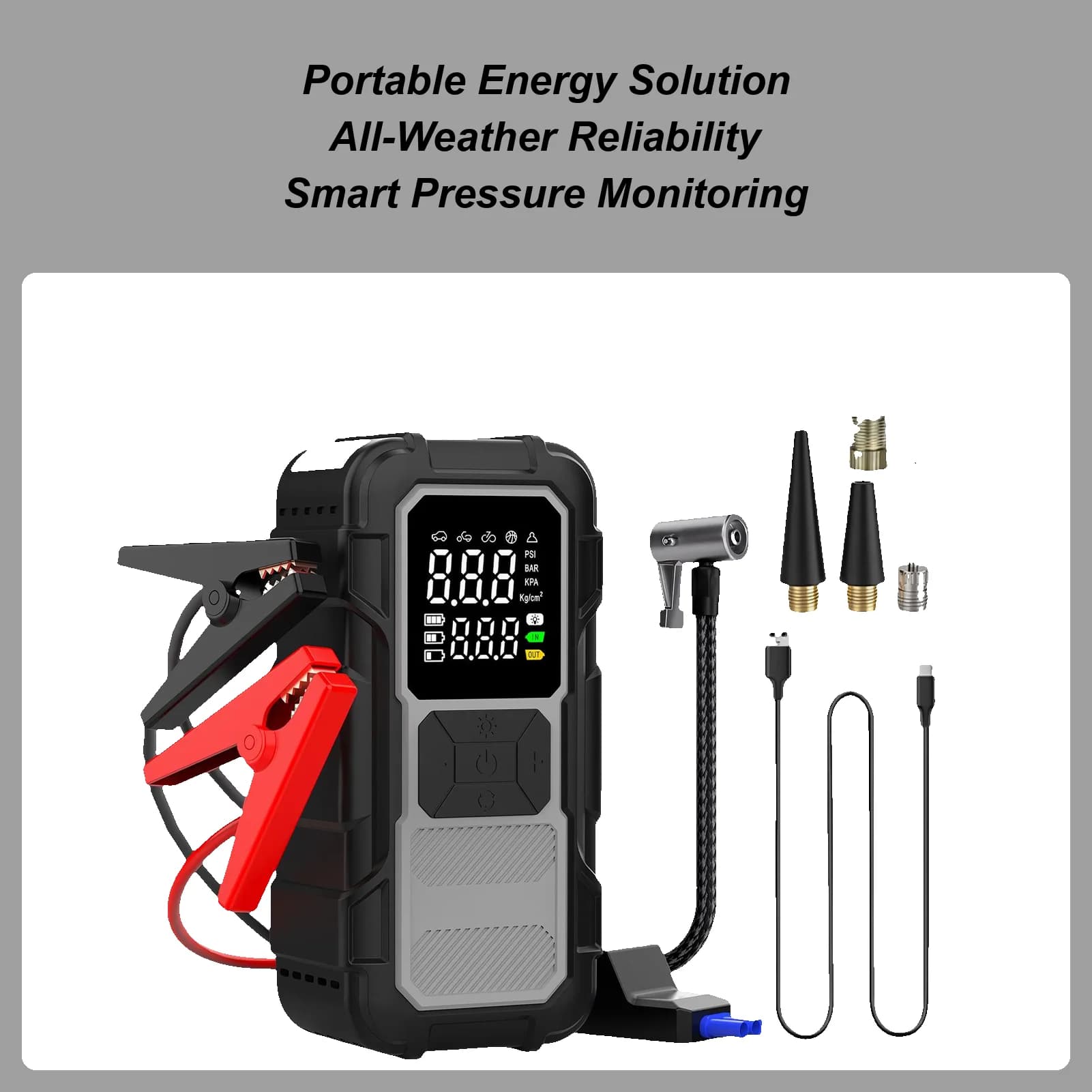 Avviatore di emergenza portatile 12V Power Bank con cavi Avviatore di emergenza per batteria per auto morta per gonfiare pneumatici Viaggi lunghi Strada urbana
