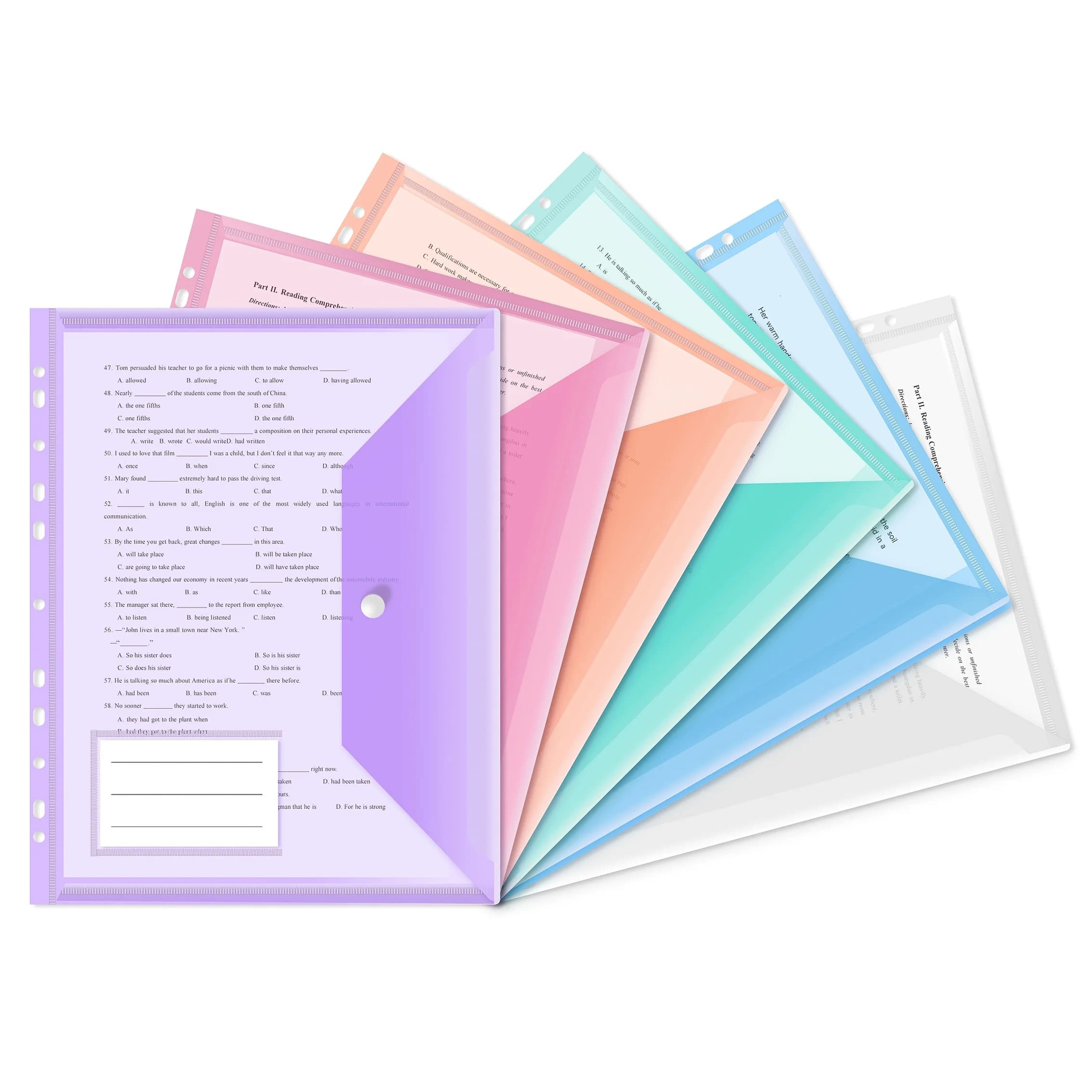 6/12 tasche per raccoglitori A4 a 11 fori | Buste Portadocumenti Trasparenti Colorate in PP con Tasca per Etichette - Organizzatore Documenti per Scuola, Ufficio, Casa