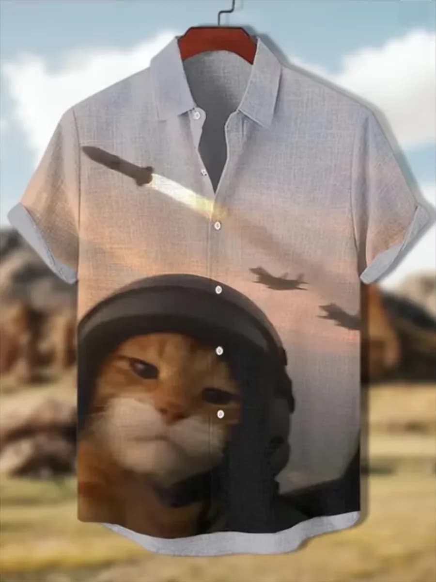 Men's Hawaiian Short Sleeve Shirt Chinese Ink Wash Mountain Cat Pine Tree Print Oriental Vintage Casual Beach Mens Clothing
