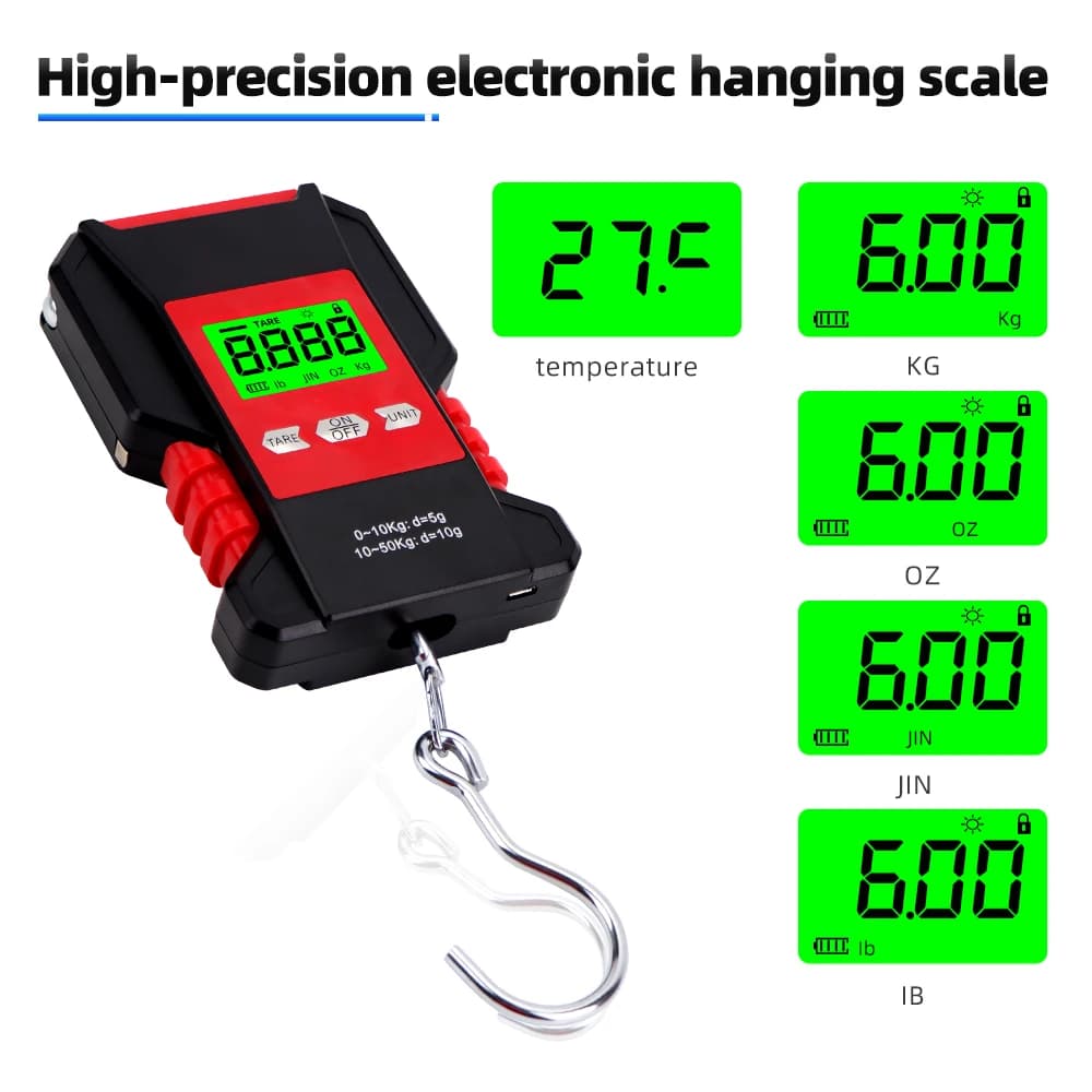 Bilancia da appendere digitale da 50KG con righello bilancia da viaggio portatile bilancia da pesca digitale impermeabile bilancia da cucina per alimenti