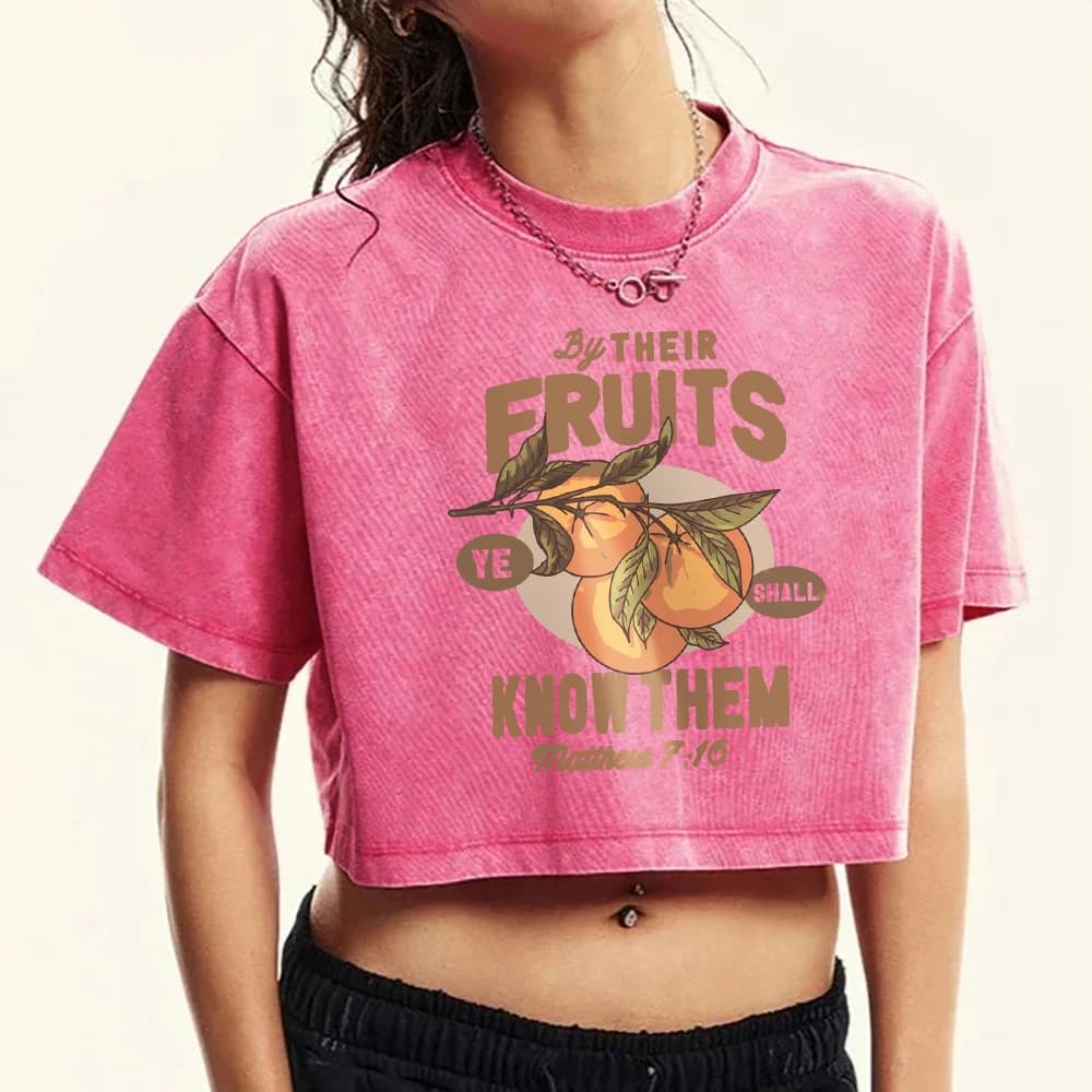 Frutta fresca Stampe arancioni T-shirt lavata da donna Girocollo Fitness Manica corta Crop Top estivi T-shirt casual in cotone Donna