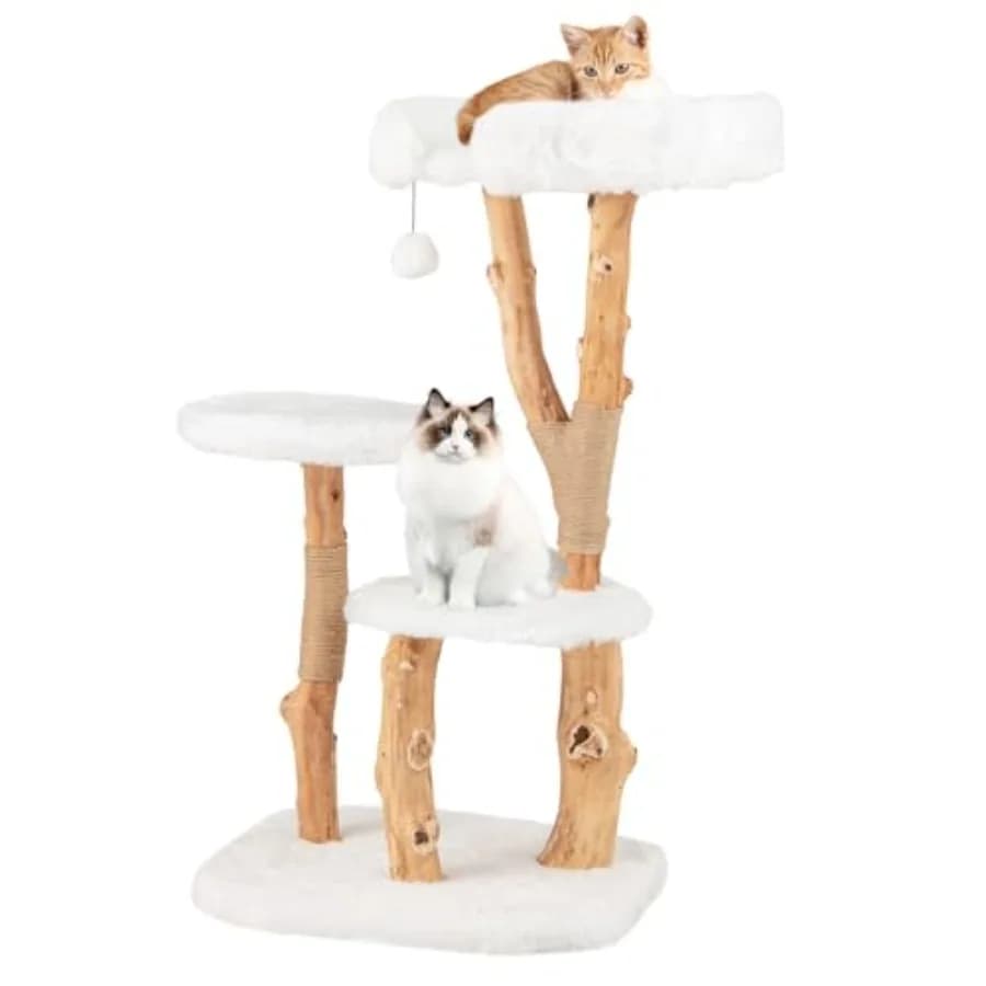 Albero per gatti in legno da 44 pollici con posti di grattamento in iuta, piattaforma superiore, palla morbida lunga in peluche e rami in legno di pino, moderno per interni