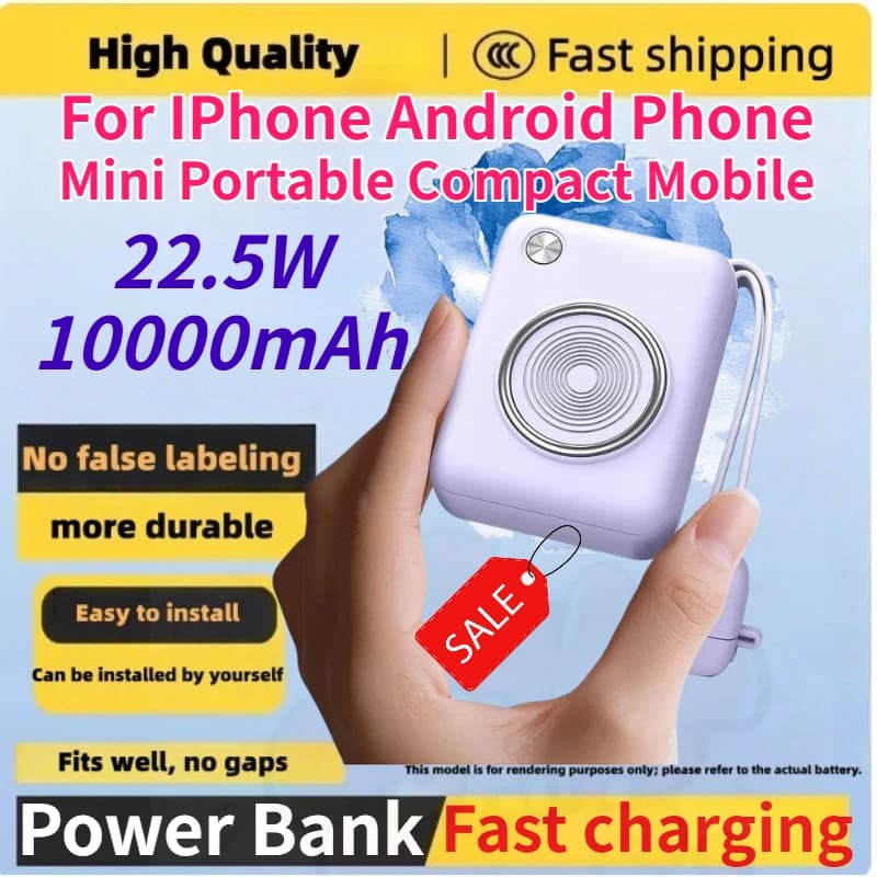 Power Bank Portatile Compatto da 10000mAh 22.5W con Ricarica Rapida e Due Cavi Integrati per iPhone e Android