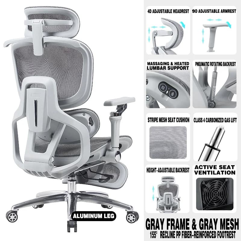 Ergonomic Office Chair Ventilation Heating Massage Functions Reclining Computer Gaming Chair for Comfortable Executive