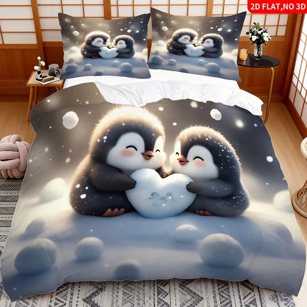 Soft Duvet Cover Set of Three, 2D Flat Printed Duvet Cover Set, Bedding Set with Double Penguin Art Pattern, 3-Piece Bedding Set, Machine Washable, Invisible Zipper, Large Duvet Cover Set, Bedding Set, Quilt Cover