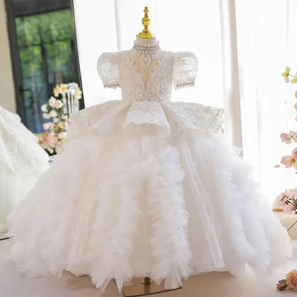 Jill Wish J216 Abito da ragazza bianco di lusso con perline Perle Dubai Bambini Principessa Compleanno Festa di nozze Prima Comunione Abito lungo 2025