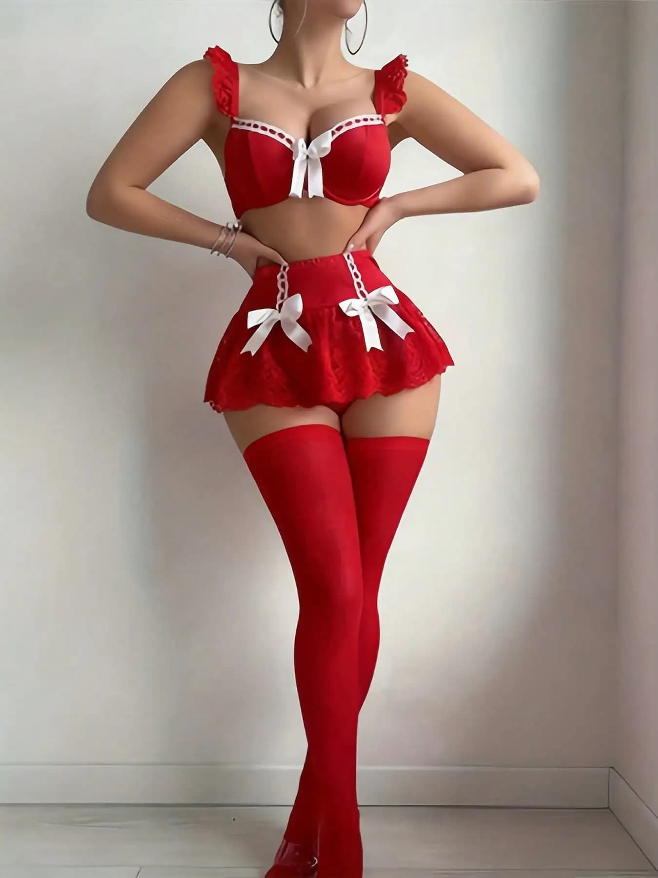 Set of 3 Pieces Red Lace Lingerie with White Flakes - Bra, Gonna and Lengths