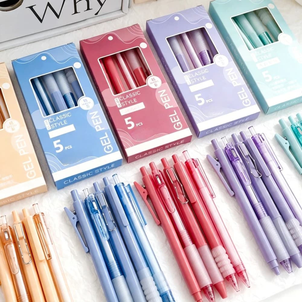 5pcs Dopamine Push-Button Gel Pens 0.5mm Needle Tip Fast-Dry Ink Soft Grip Smooth Writing Stylish Stationery for Students Office