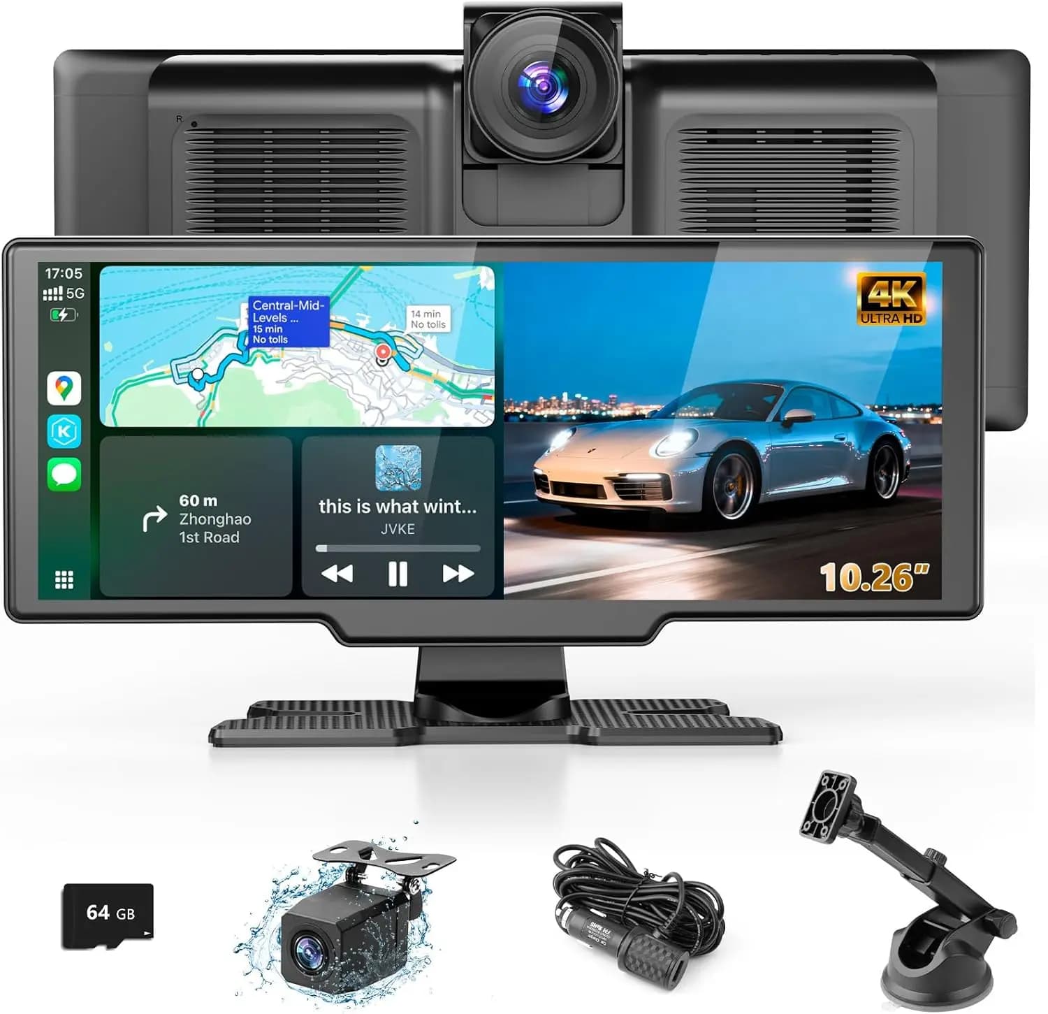 Schermo CarPlay Wireless Portatile da 10,26 Pollici con Dashcam 4K e Telecamera Posteriore 1080P, Bluetooth 5.0, FM, Assistente Vocale