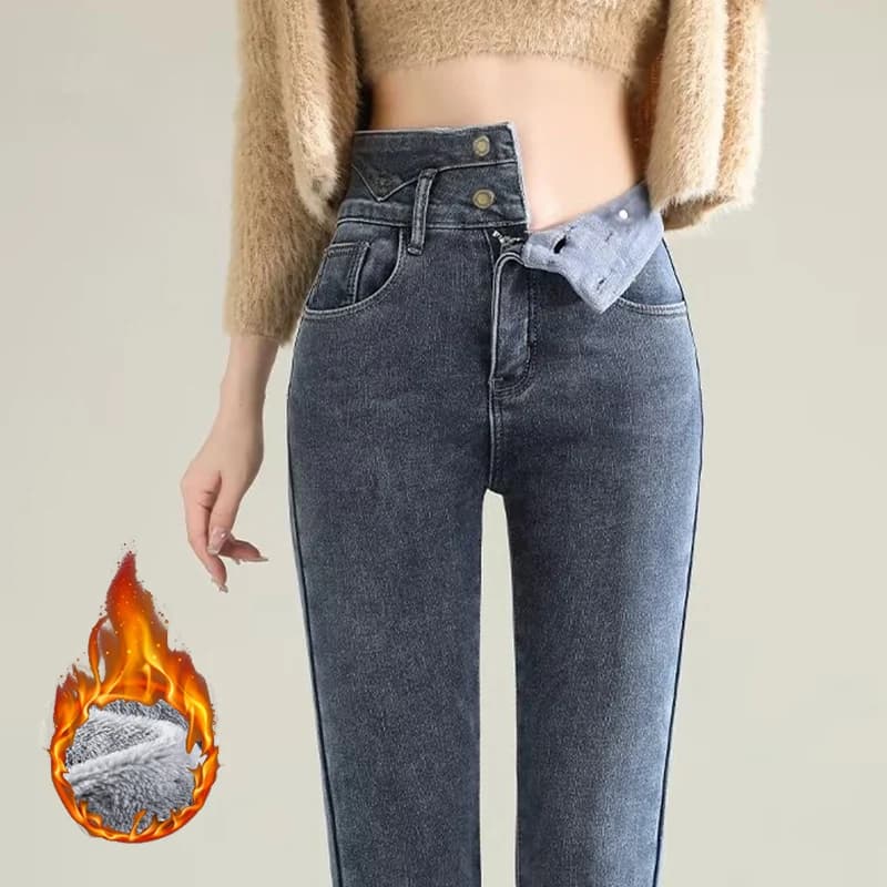 Vendita calda inverno femminile peluche termico gamba dritta jeans signora neve caldo addensare pantaloni in denim ragazze in pile pantaloni casual sottili