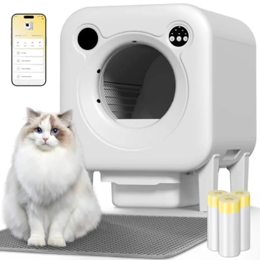 Lettiera Automatica 4 in 1 con Sistema di Sicurezza e Autopulizia per Gatti Multipli, Spazio Extra Large 75L+12L, Controllo tramite APP, Grigia, Include