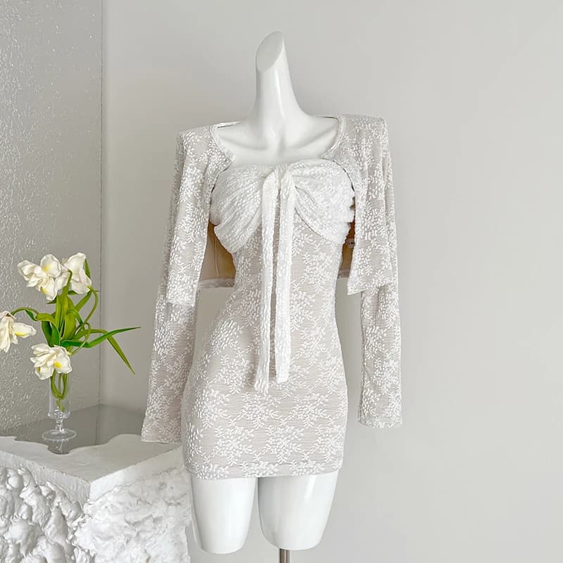 Lace Strapless Dress with Chest Pad Two-Piece Set Embroidered Floral Short Mini Dress Bodycon Dress High Waist Vestido Mujer