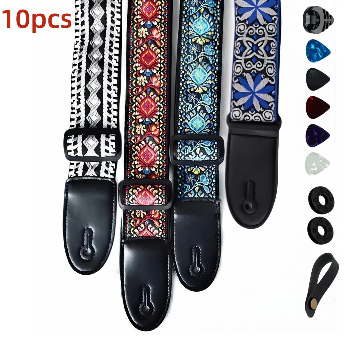 Set di 10 Cinghie per Chitarra Miwayer Regolabili con Stampa Ricamata, Stile Etnico Vintage, con 5 Plettri e 1 Porta Plettri per Musicisti in Viaggio