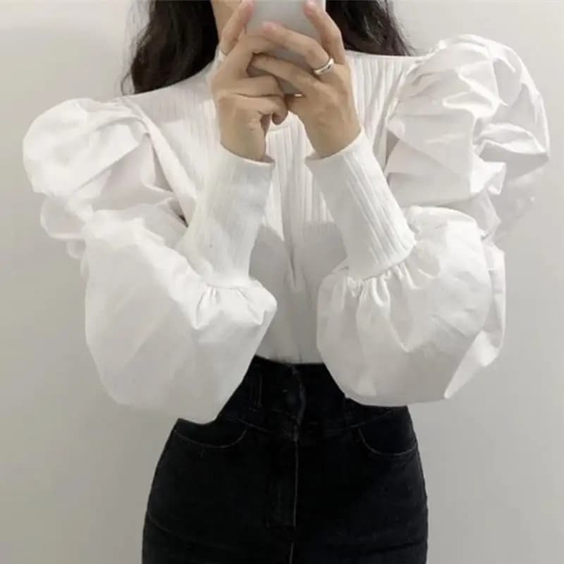 Camicetta a maniche lunghe in maglia a sbuffo Camicia basic da donna tinta unita Pullover Lady Office Abbigliamento da lavoro Top Elegante donna Nero Bianco