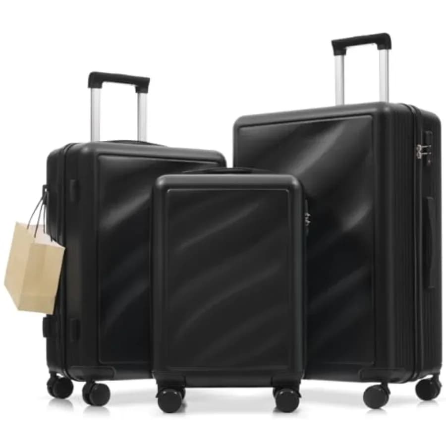 Hardside Luggage Sets for travel, polycarbonate material, black with wavy lines, lightweight and smooth-rolling spinner wheels