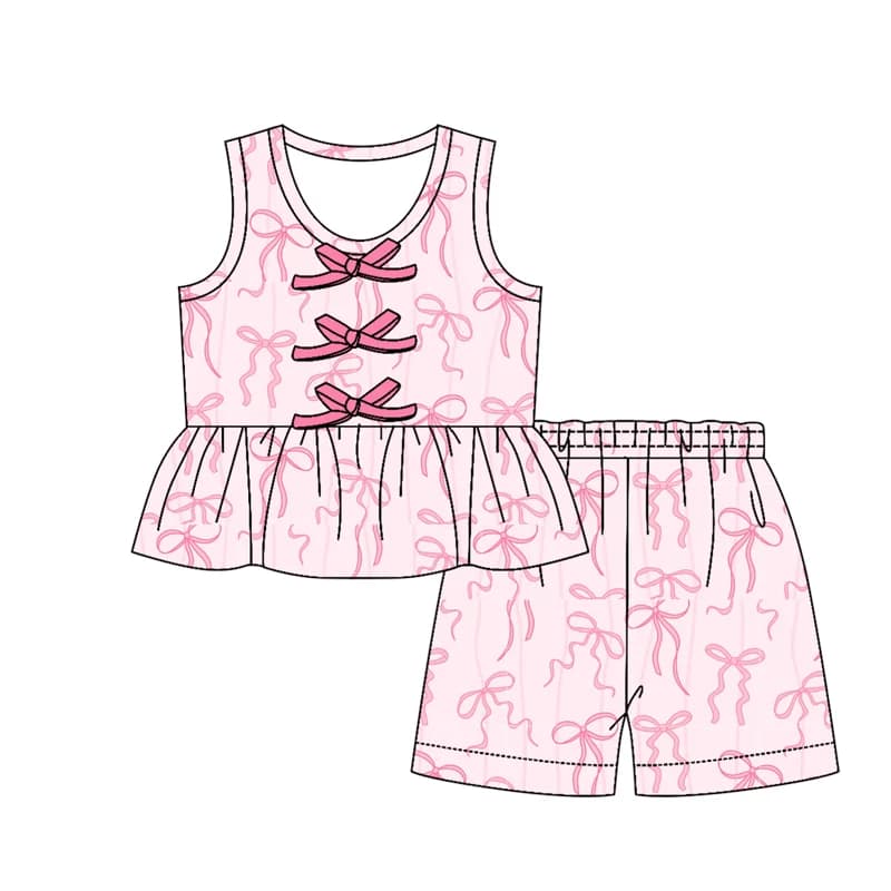 Girls Peplum Top & Shorts Set Bow Decor Tank Top with Cute Bow & Floral Print Ruffle Hem Casual Summer Toddler Outfit