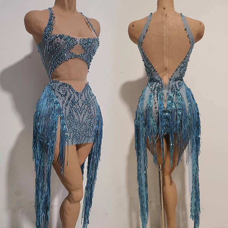 Abito Aderente Blu con Frange e Glitter per Donna, Abbigliamento Sexy per Spettacoli, Moda per Cantanti, Costume da Discoteca VDL5396